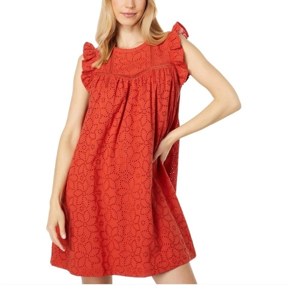 Madewell Dresses & Skirts - MADEWELL Eyelet Ruffle Sleeve Mini Dress Fresh Chili Orange Cap Sleeve Sz L